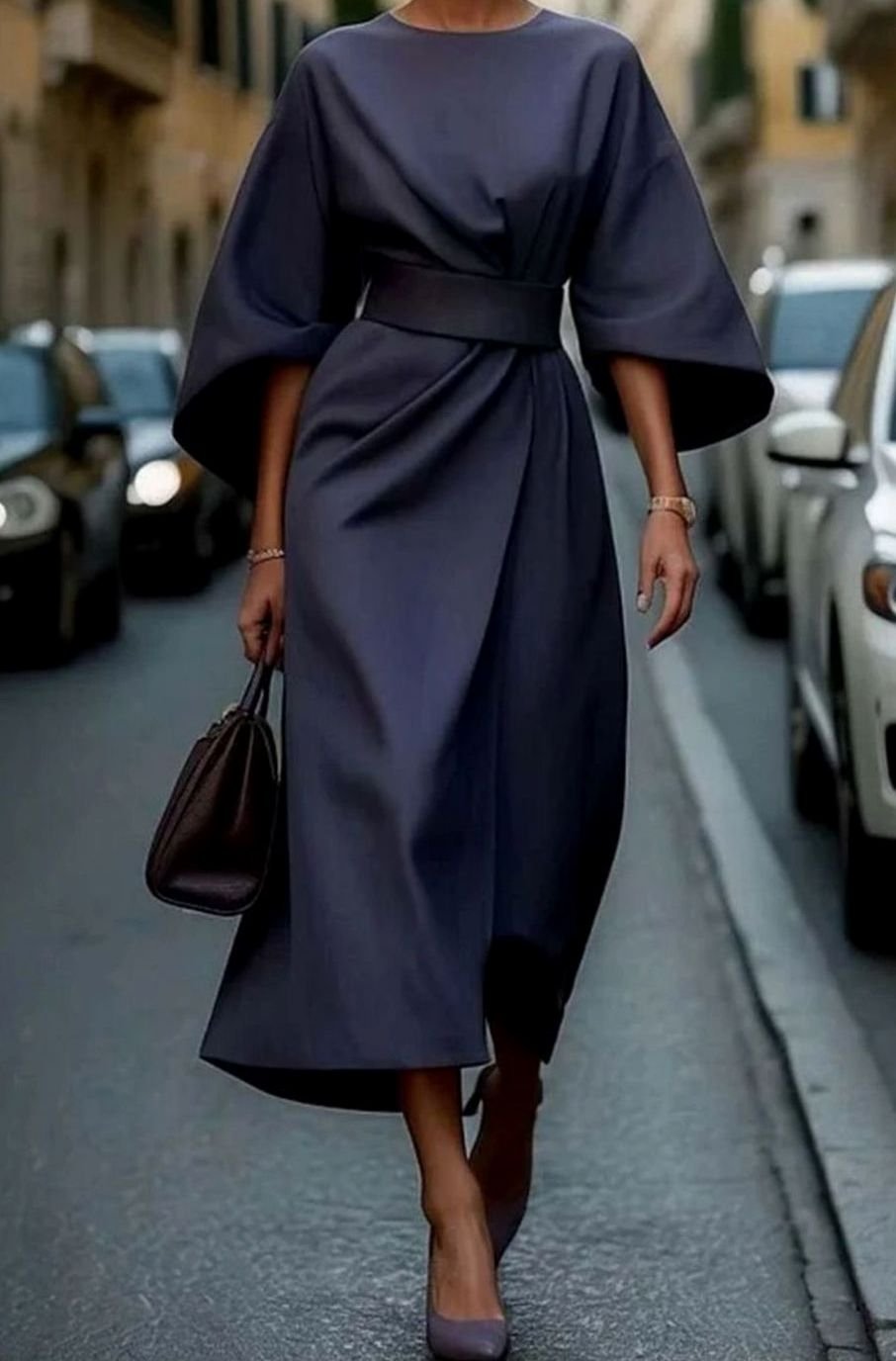 Women's Kimono Sleeve Belted Wrap Midi Dress, Black