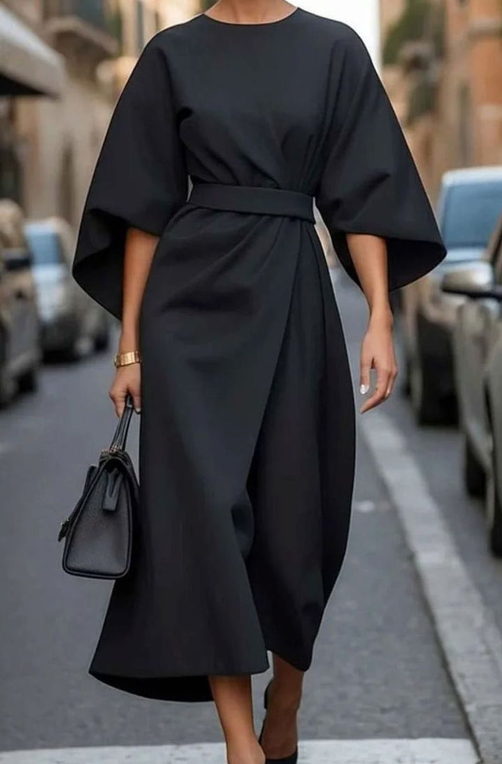 Women's Kimono Sleeve Belted Wrap Midi Dress, Black