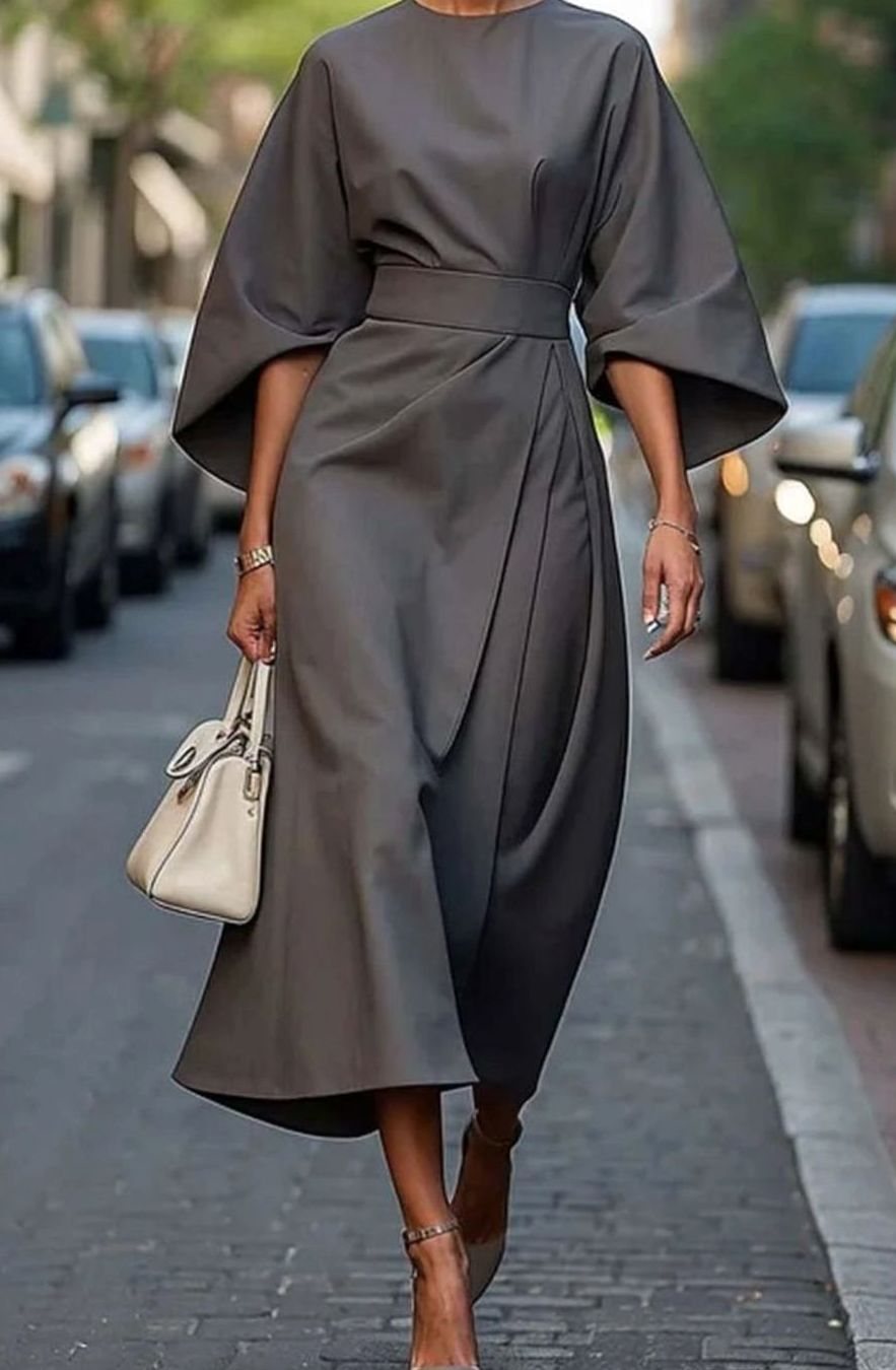 Women's Kimono Sleeve Belted Wrap Midi Dress, Black