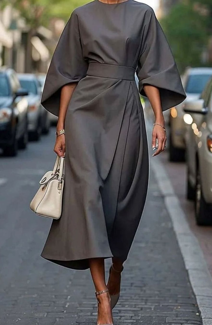Women's Kimono Sleeve Belted Wrap Midi Dress, Black