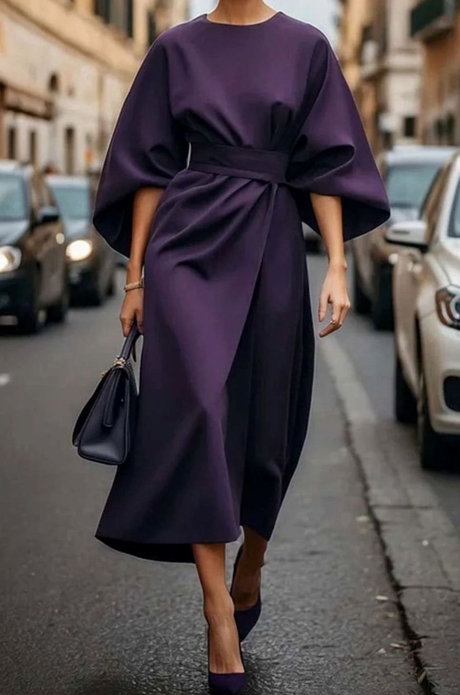 Women's Kimono Sleeve Belted Wrap Midi Dress, Black