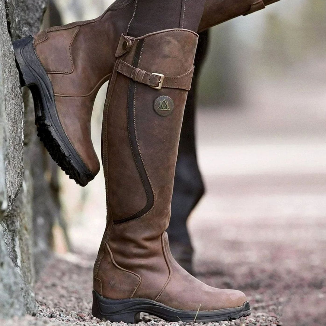Women's Knee-High Block Heel Riding Boots Gold Buckle Lug Sole - Dark Brown