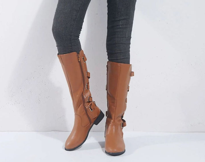 Women's Knee-High Riding Boots Low Block Heel Gold Buckle - Brown