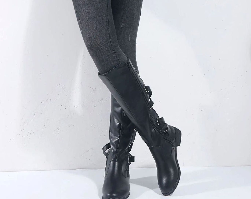Women's Knee-High Riding Boots Low Block Heel Gold Buckle - Black