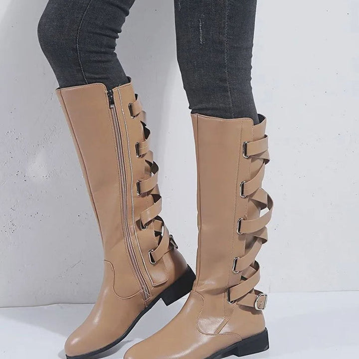 Women's Knee-High Riding Boots Low Block Heel Gold Buckle - Khaki