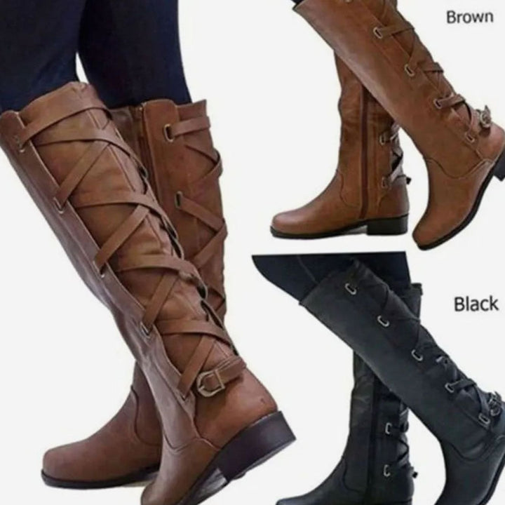 Women's Knee-High Riding Boots Low Block Heel Gold Buckle