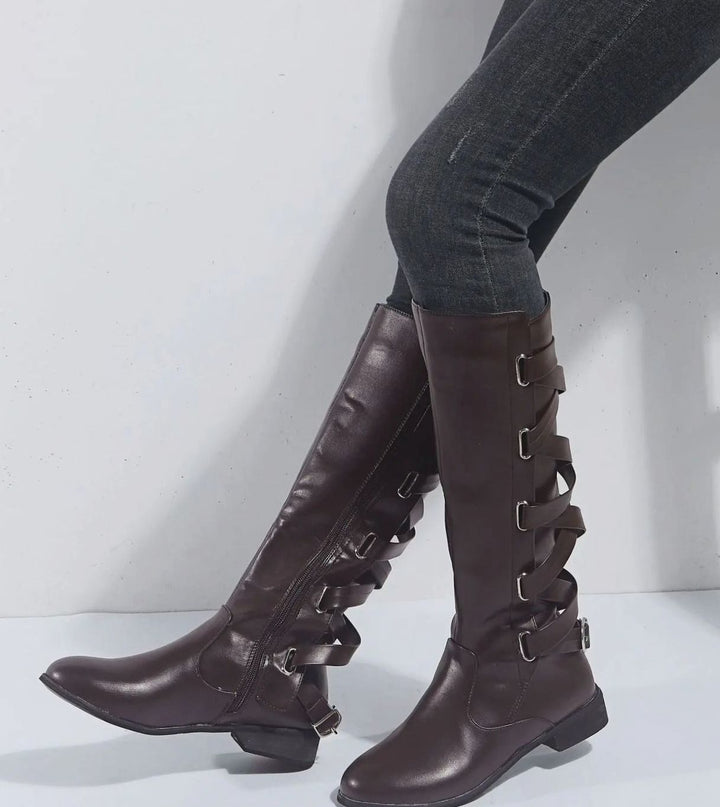 Women's Knee-High Riding Boots Low Block Heel Gold Buckle - Dark Brown