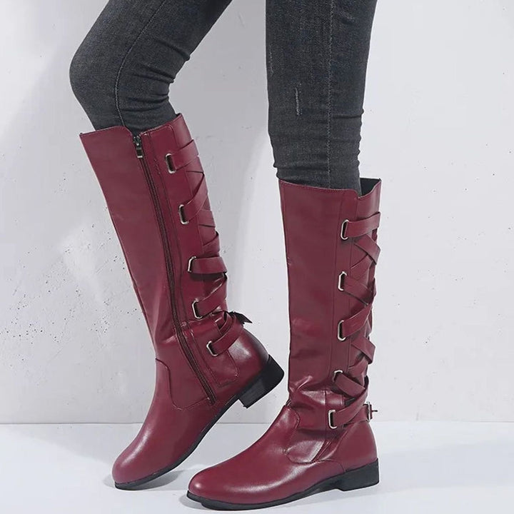 Women's Knee-High Riding Boots Low Block Heel Gold Buckle - Burgundy