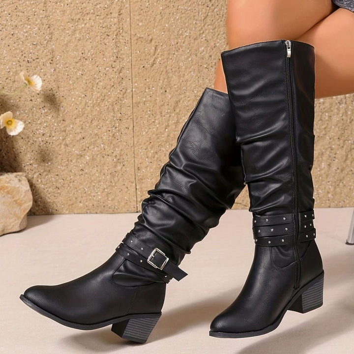 Women's Knee-High Slouch Boots Block Heel Buckle Side Zip