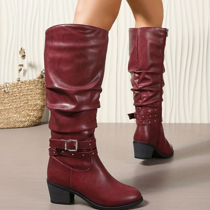 Women's Knee-High Slouch Boots Block Heel Buckle Side Zip