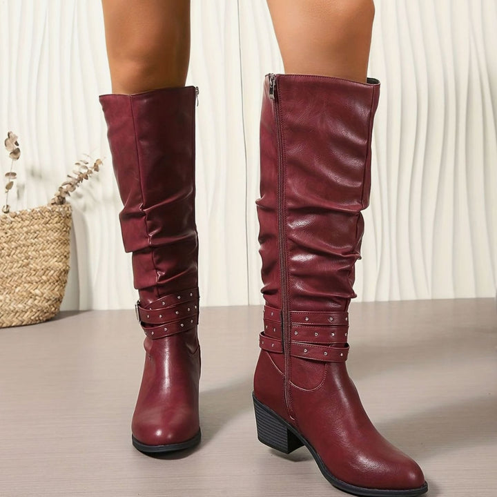 Women's Knee-High Slouch Boots Block Heel Buckle Side Zip