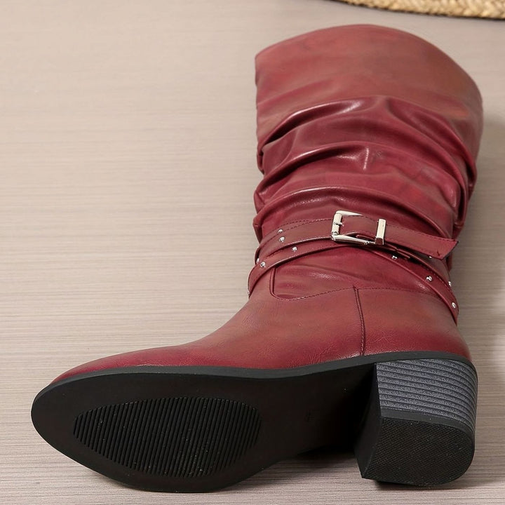 Women's Knee-High Slouch Boots Block Heel Buckle Side Zip