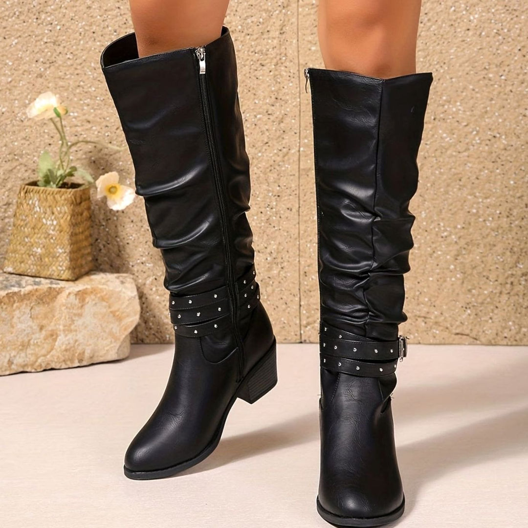 Women's Knee-High Slouch Boots Block Heel Buckle Side Zip