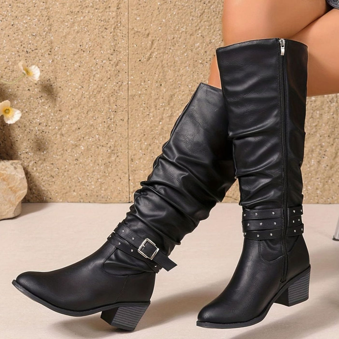 Women's Knee-High Slouch Boots Block Heel Buckle Side Zip