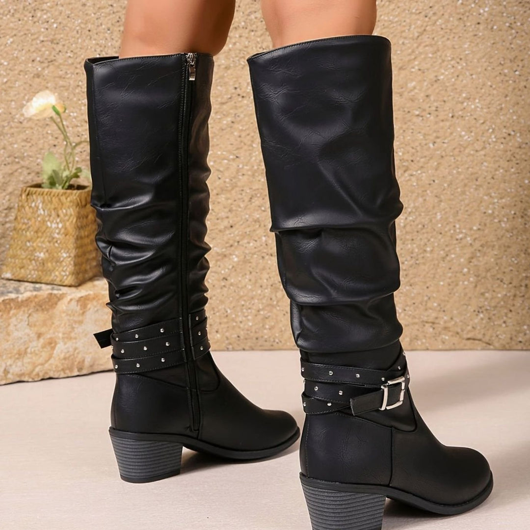 Women's Knee-High Slouch Boots Block Heel Buckle Side Zip