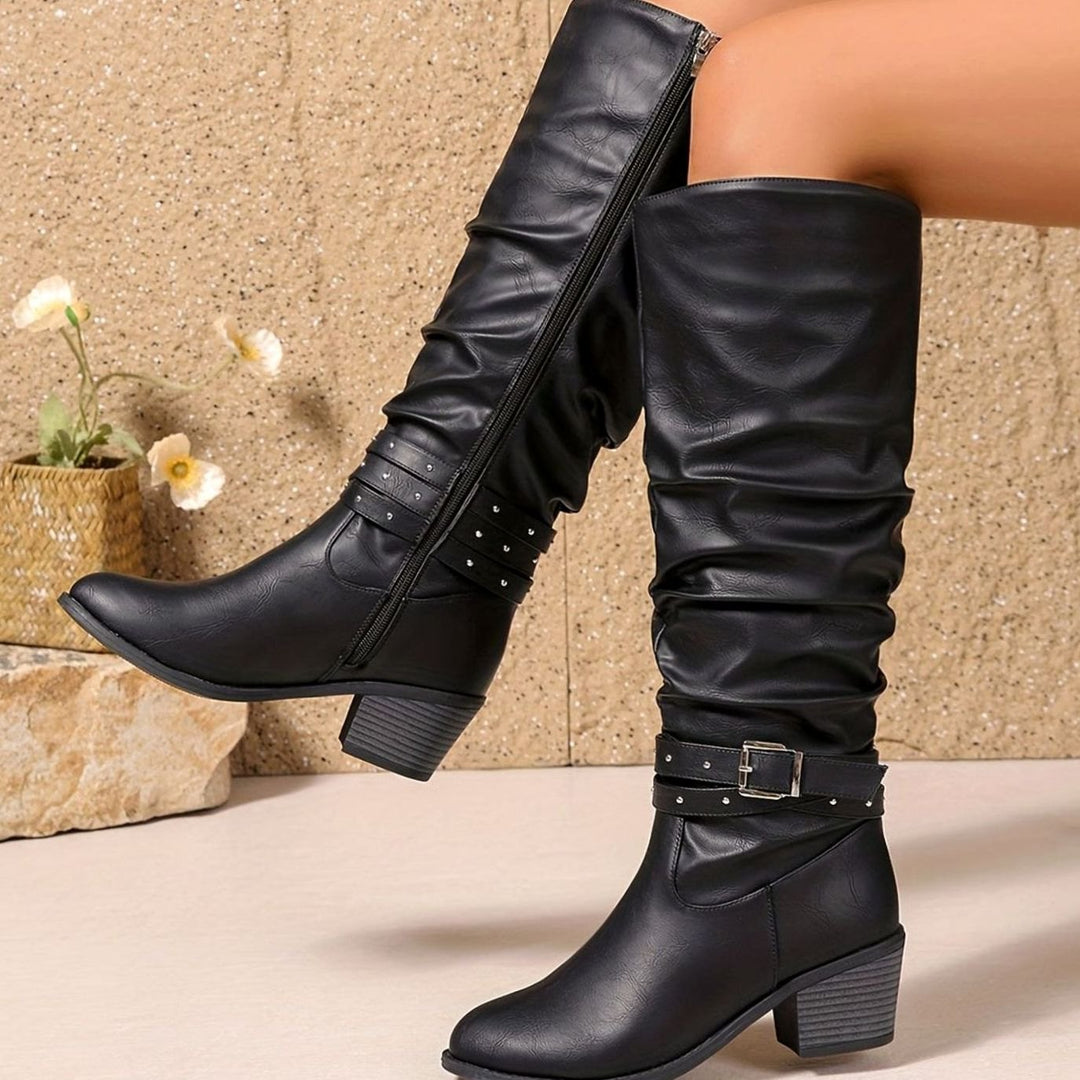 Women's Knee-High Slouch Boots Block Heel Buckle Side Zip