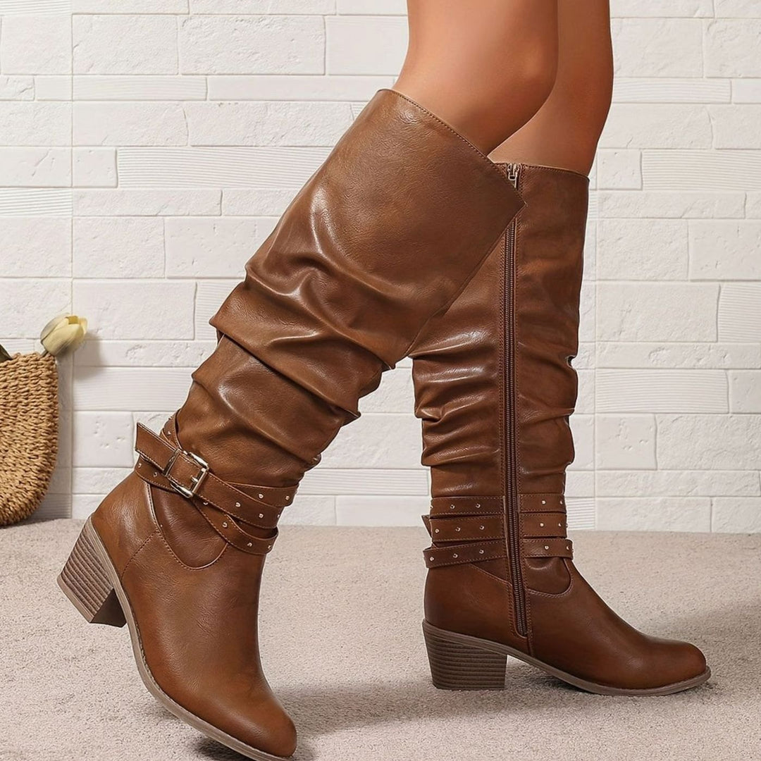 Women's Knee-High Slouch Boots Block Heel Buckle Side Zip