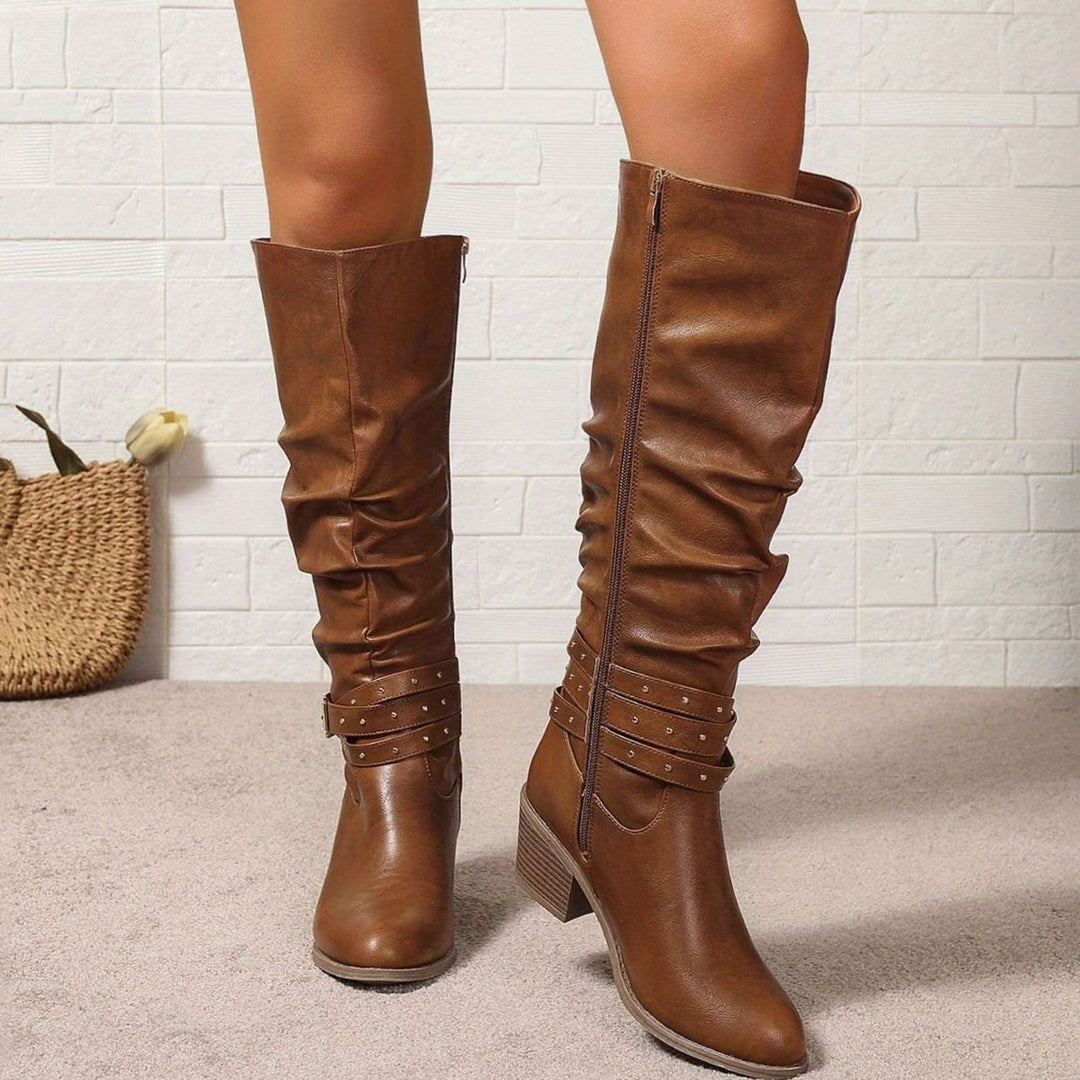 Women's Knee-High Slouch Boots Block Heel Buckle Side Zip