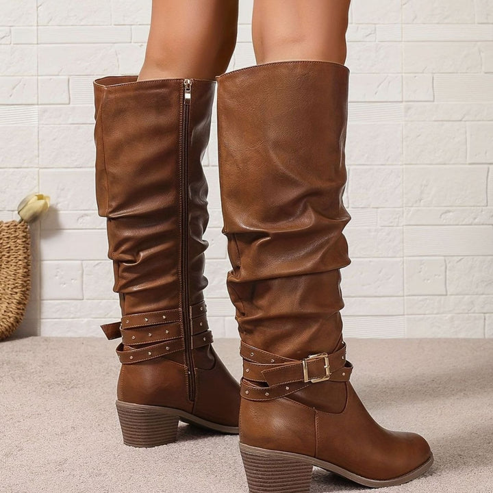 Women's Knee-High Slouch Boots Block Heel Buckle Side Zip