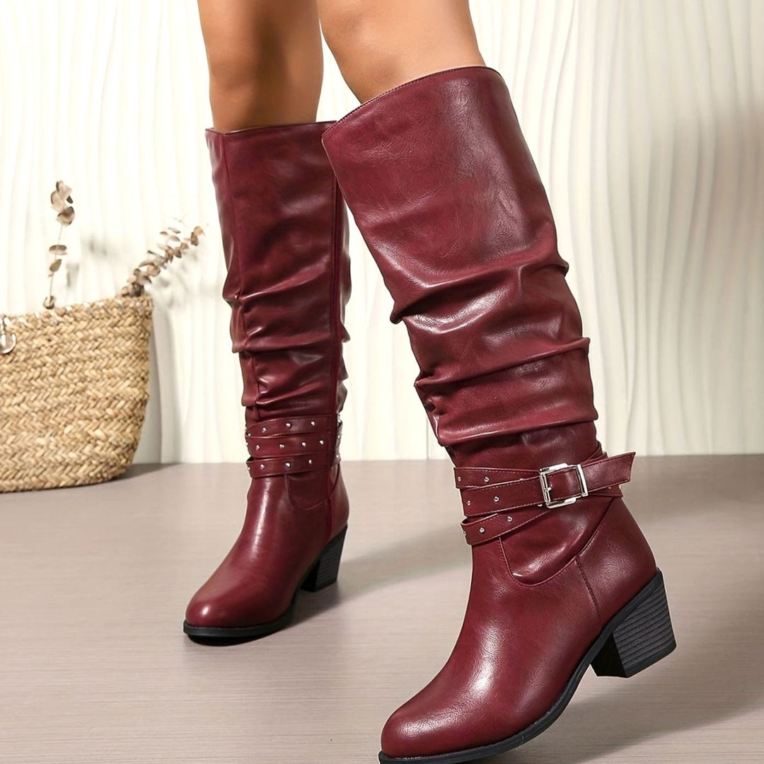 Women's Knee-High Slouch Boots Block Heel Buckle Side Zip