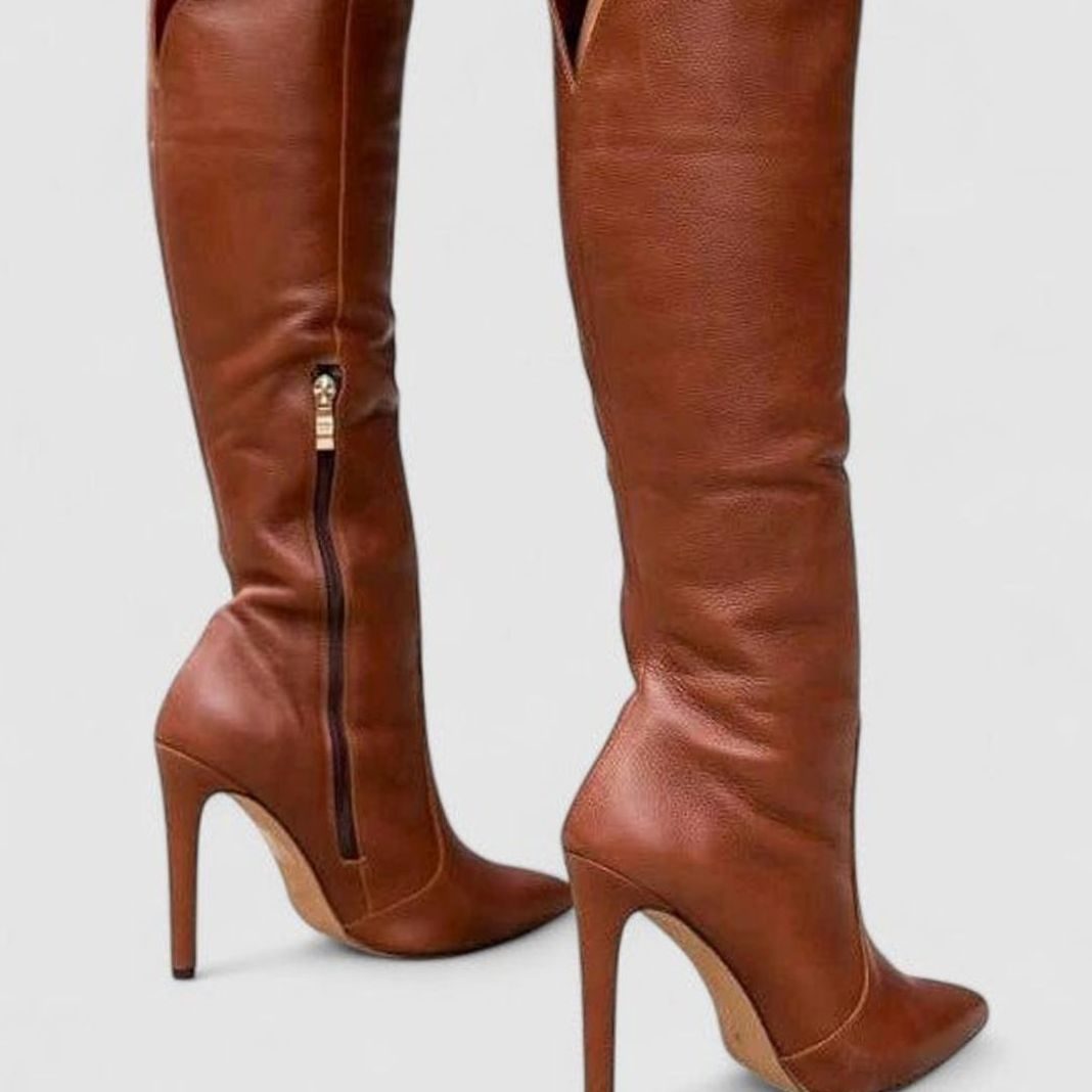 Women's Knee-High Stiletto Heel Side-Zip Pointed-Toe Boots - Brown Leather