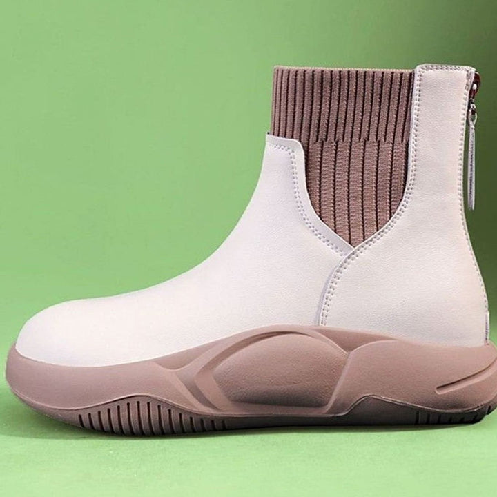 Women's Knit-Panel Low-Heel Ankle Boots Back-Zip - Beige