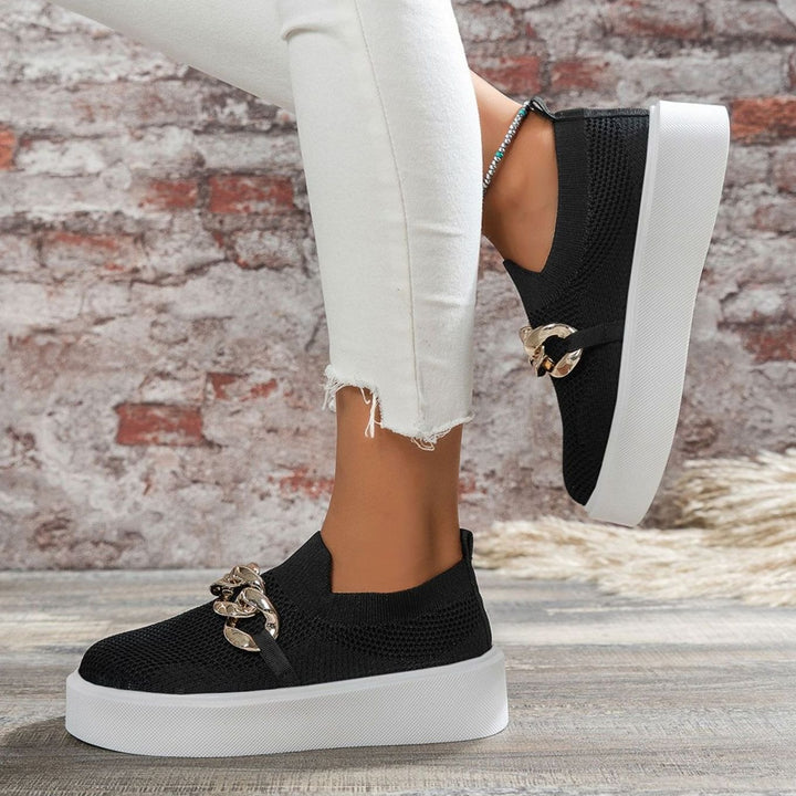 Women's Knit Slip-On Platform Trainers Gold Chain Detail