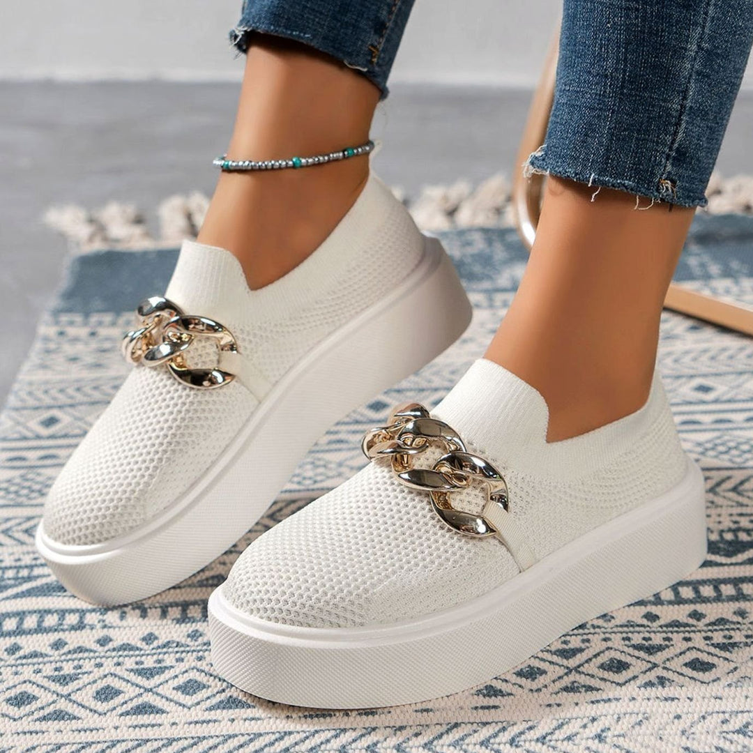 Women's Knit Slip-On Platform Trainers Gold Chain Detail
