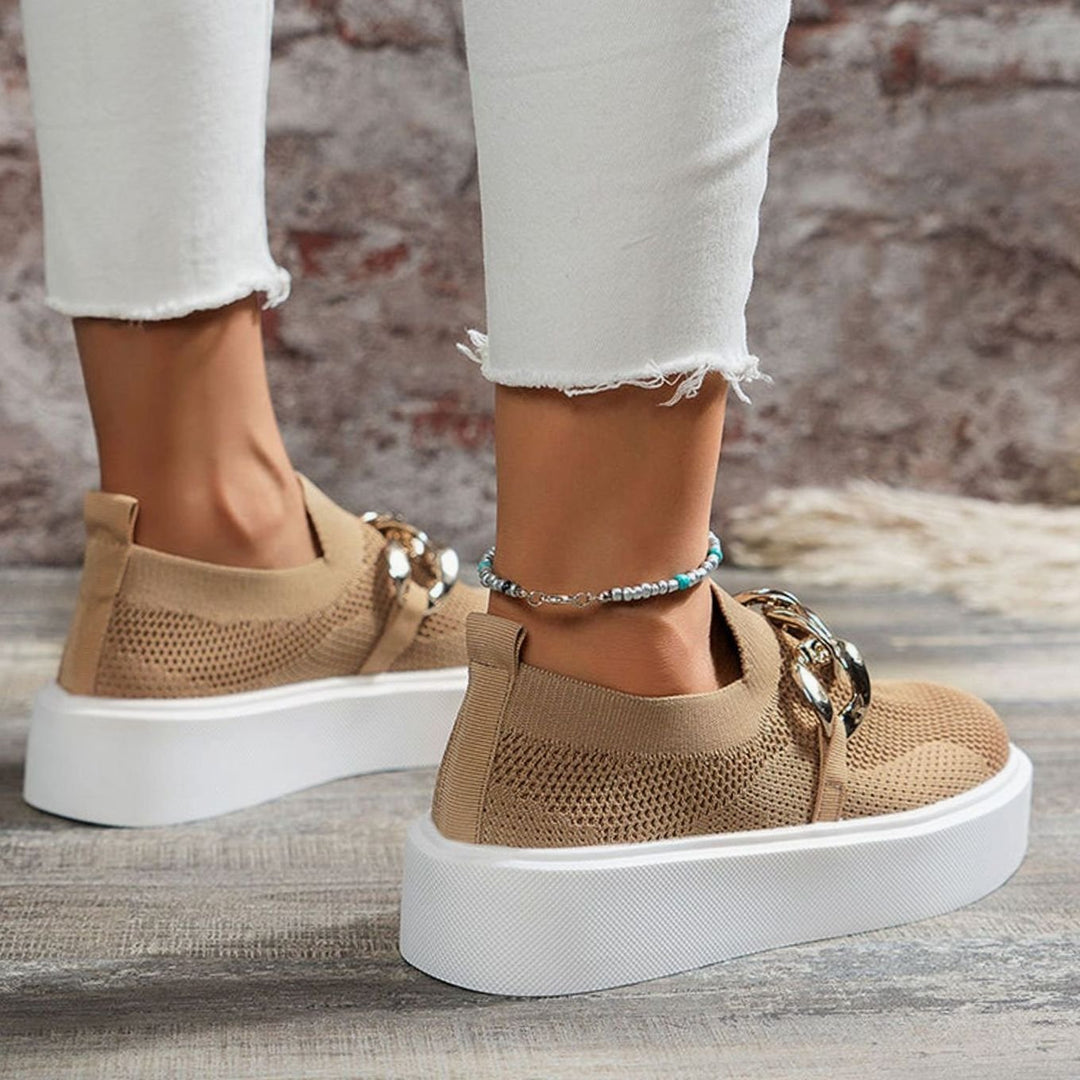 Women's Knit Slip-On Platform Trainers Gold Chain Detail