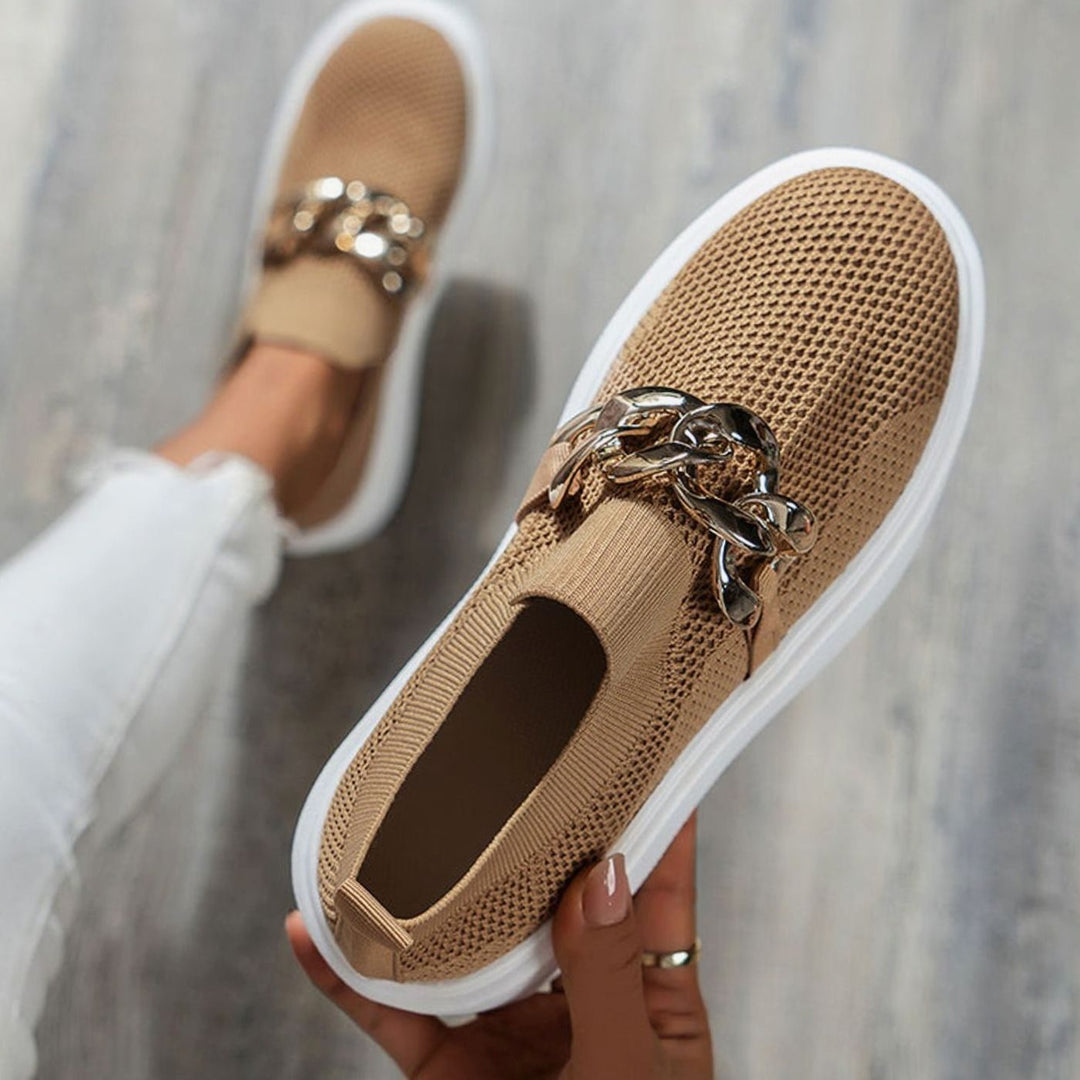 Women's Knit Slip-On Platform Trainers Gold Chain Detail