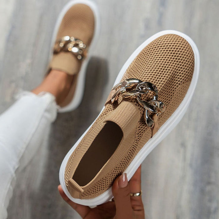 Women's Knit Slip-On Platform Trainers Gold Chain Detail