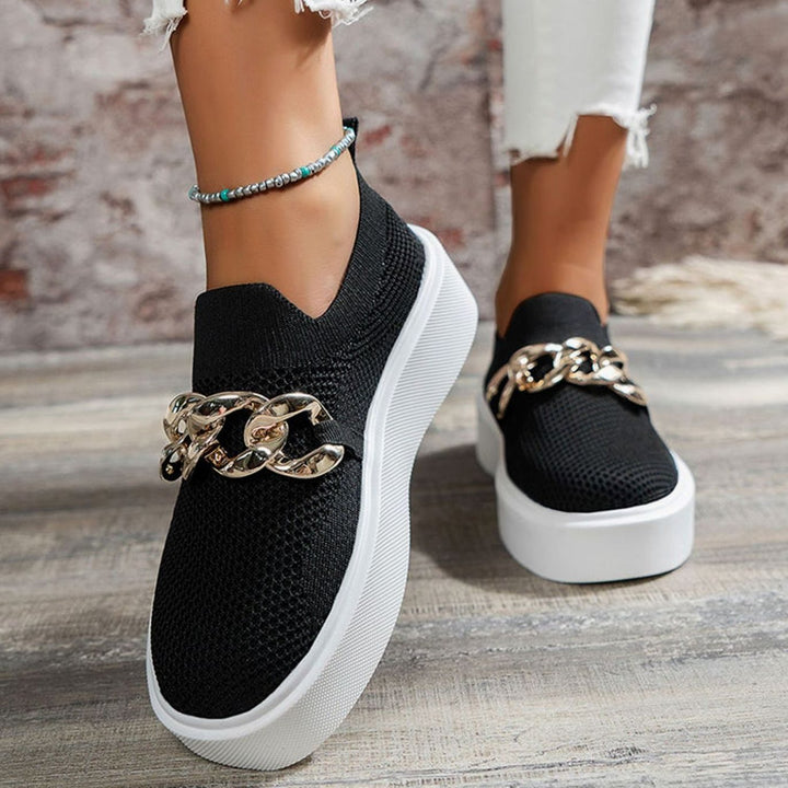 Women's Knit Slip-On Platform Trainers Gold Chain Detail