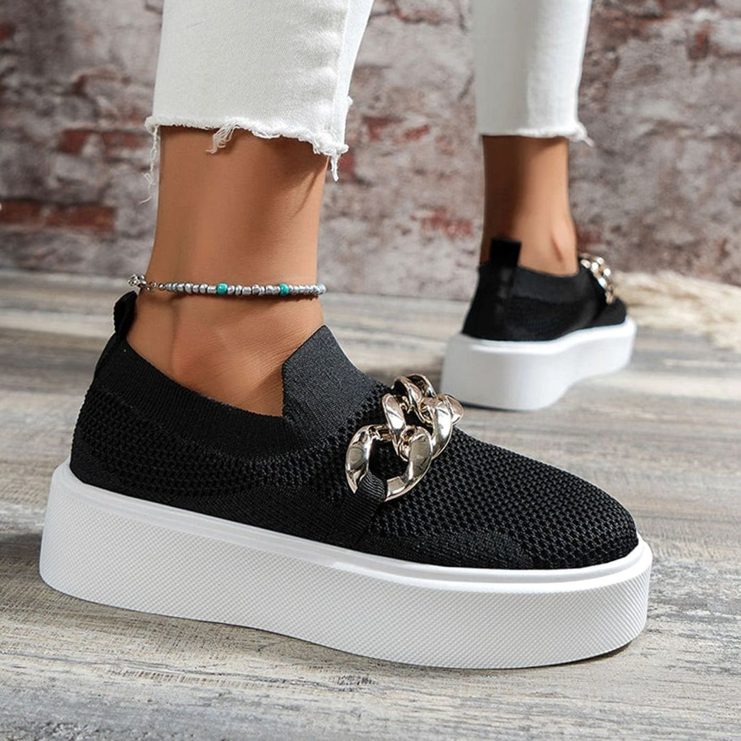 Women's Knit Slip-On Platform Trainers Gold Chain Detail