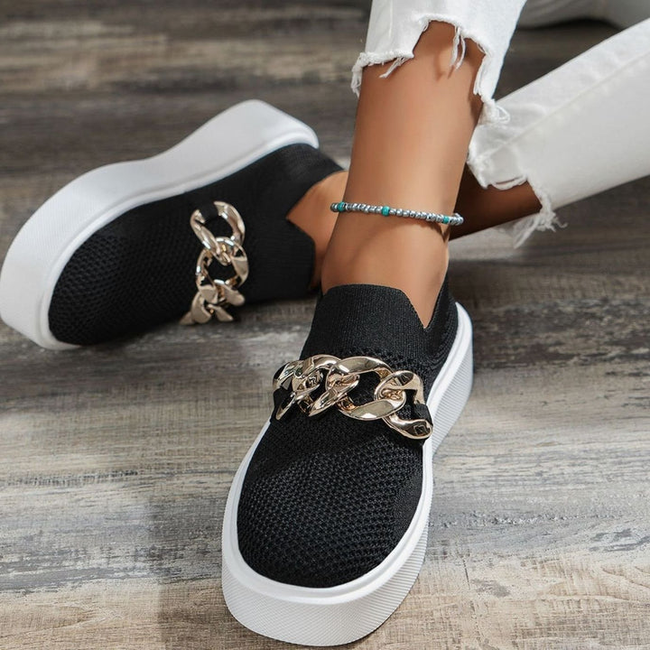 Women's Knit Slip-On Platform Trainers Gold Chain Detail - Black