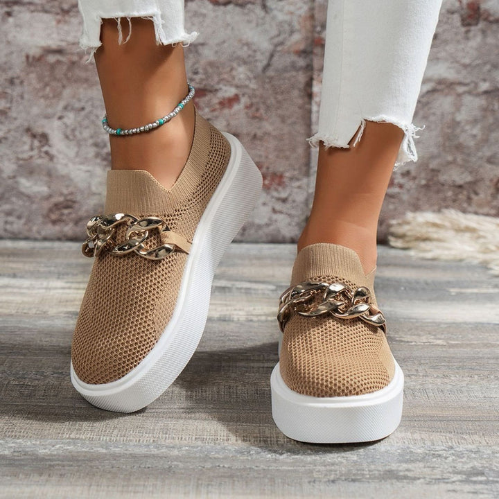 Women's Knit Slip-On Platform Trainers Gold Chain Detail - Dark Khaki