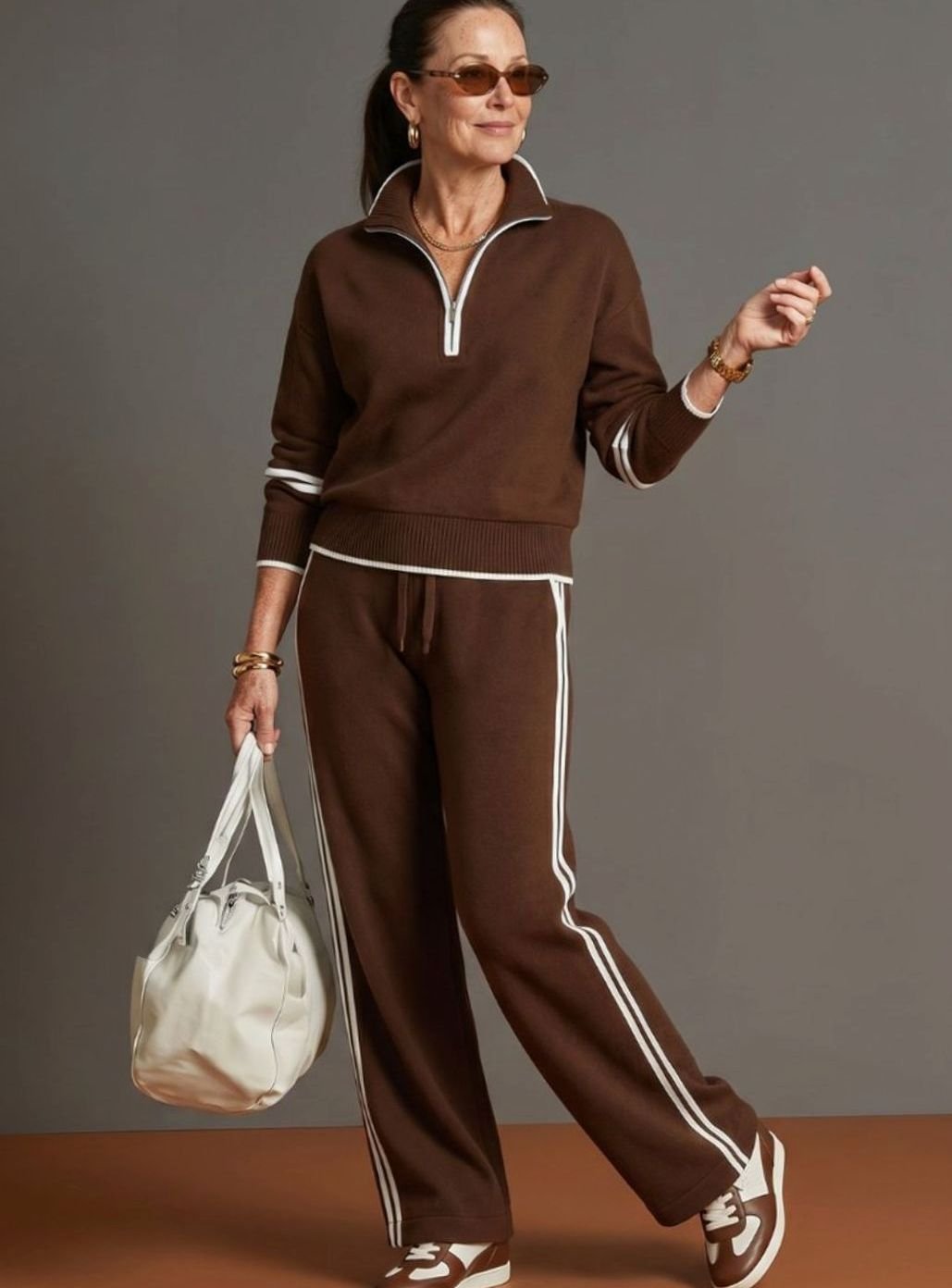 Women's Knitted Quarter-Zip Wide-Leg Striped Loungewear Co-ord Set