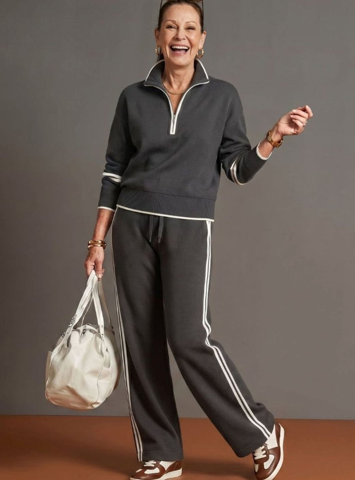 Women's Knitted Quarter-Zip Wide-Leg Striped Loungewear Co-ord Set