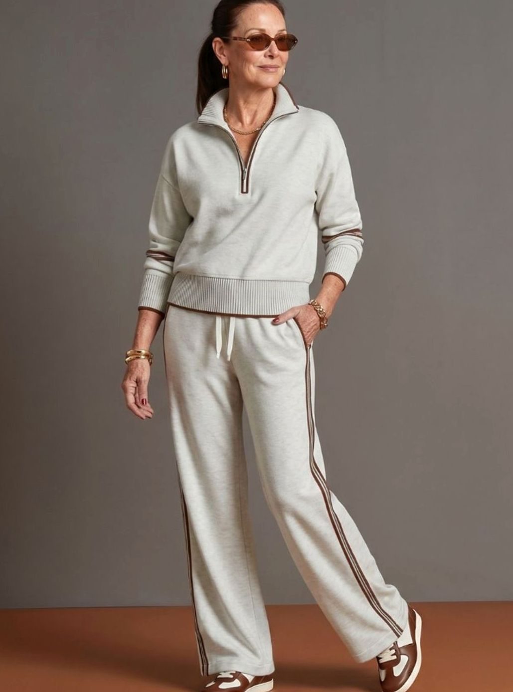 Women's Knitted Quarter-Zip Wide-Leg Striped Loungewear Co-ord Set