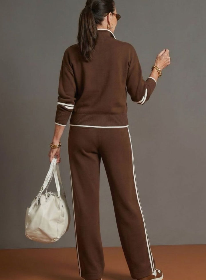 Women's Knitted Quarter-Zip Wide-Leg Striped Loungewear Co-ord Set