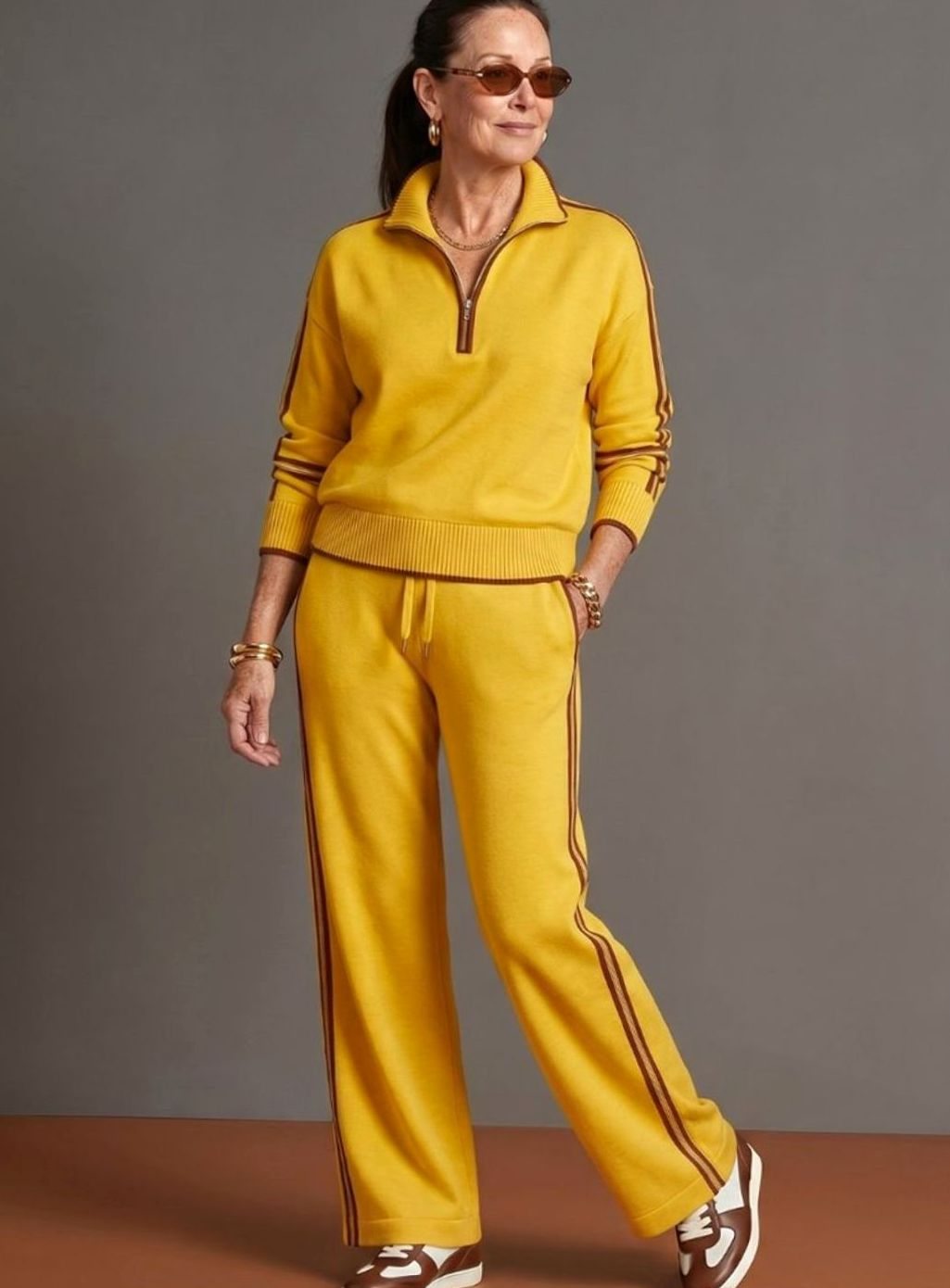 Women's Knitted Quarter-Zip Wide-Leg Striped Loungewear Co-ord Set
