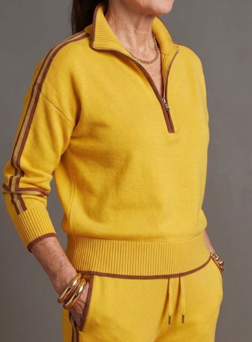 Women's Knitted Quarter-Zip Wide-Leg Striped Loungewear Co-ord Set