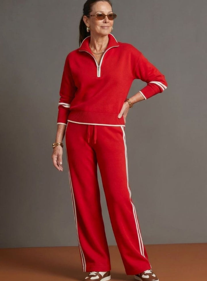 Women's Knitted Quarter-Zip Wide-Leg Striped Loungewear Co-ord Set