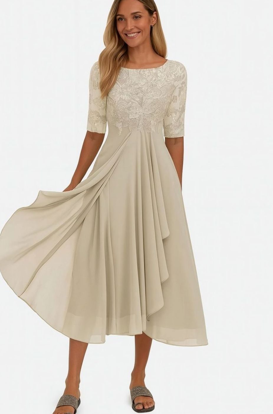 Women's Lace Bodice Chiffon A-Line Midi Occasion Dress