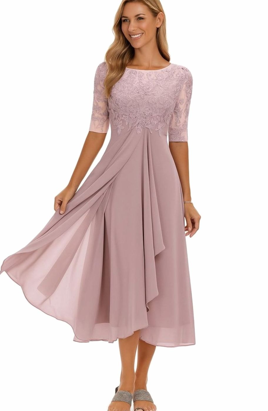 Women's Lace Bodice Chiffon A-Line Midi Occasion Dress