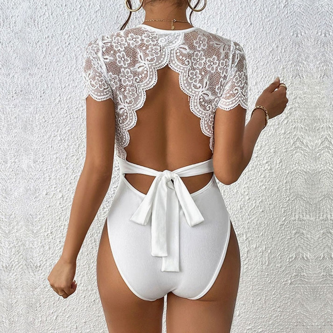 Women's Lace Short-Sleeve Open-Back Ribbed Bodysuit