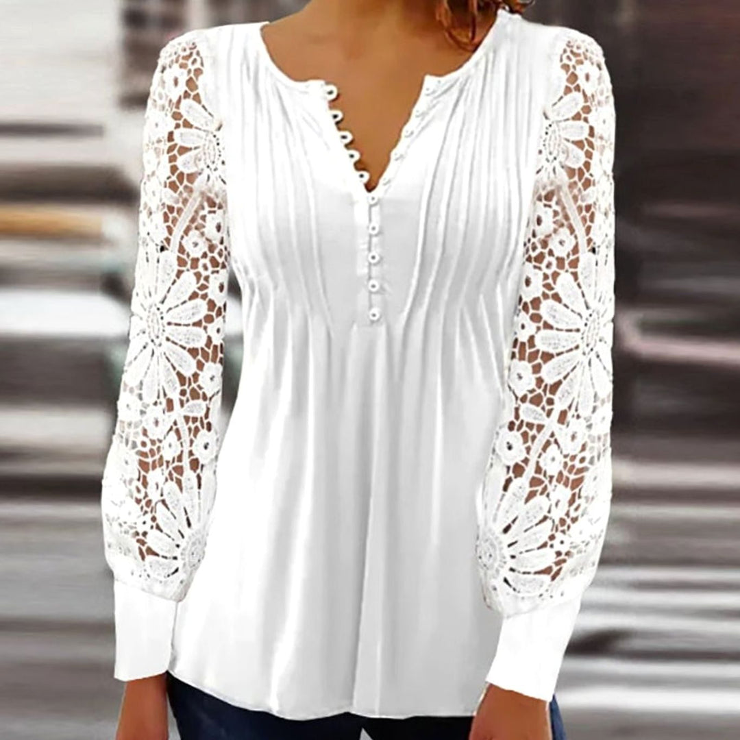 Women's Lace Sleeve V-Neck Pleated Button Blouse - White