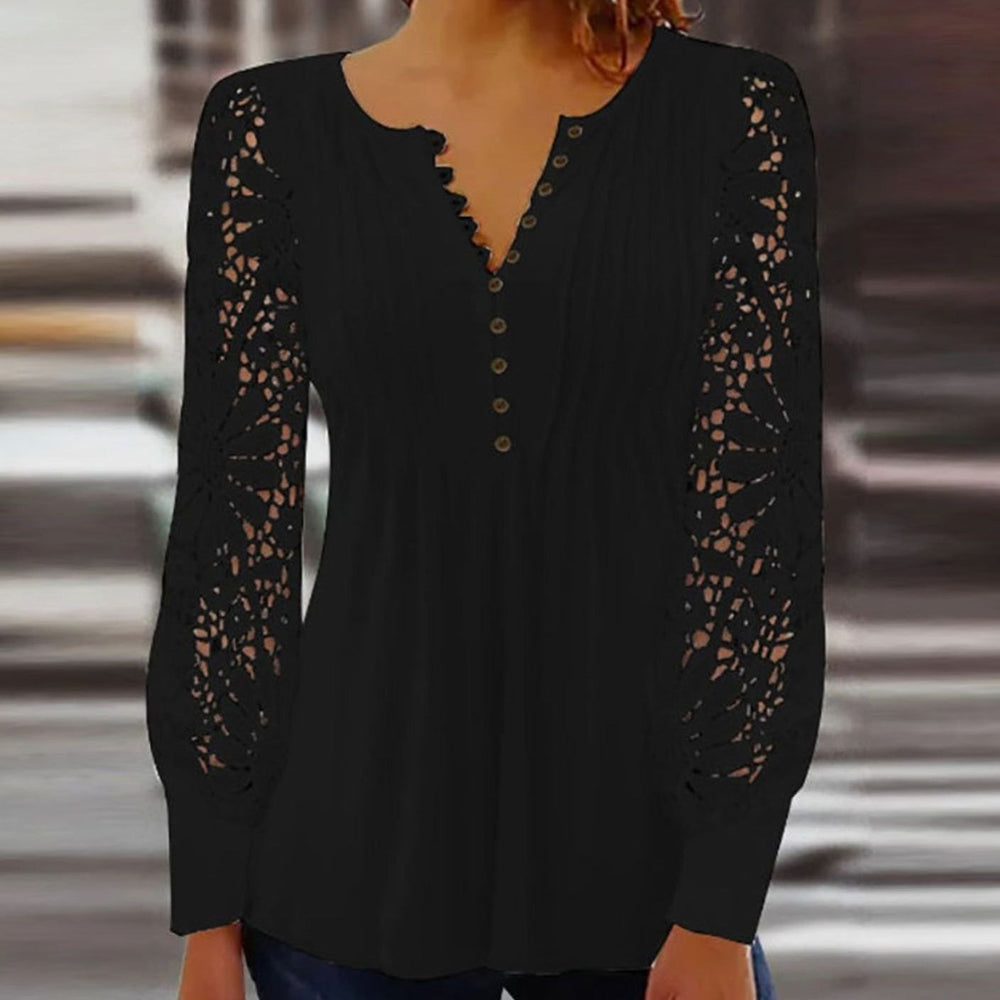 Women's Lace Sleeve V-Neck Pleated Button Blouse - Black