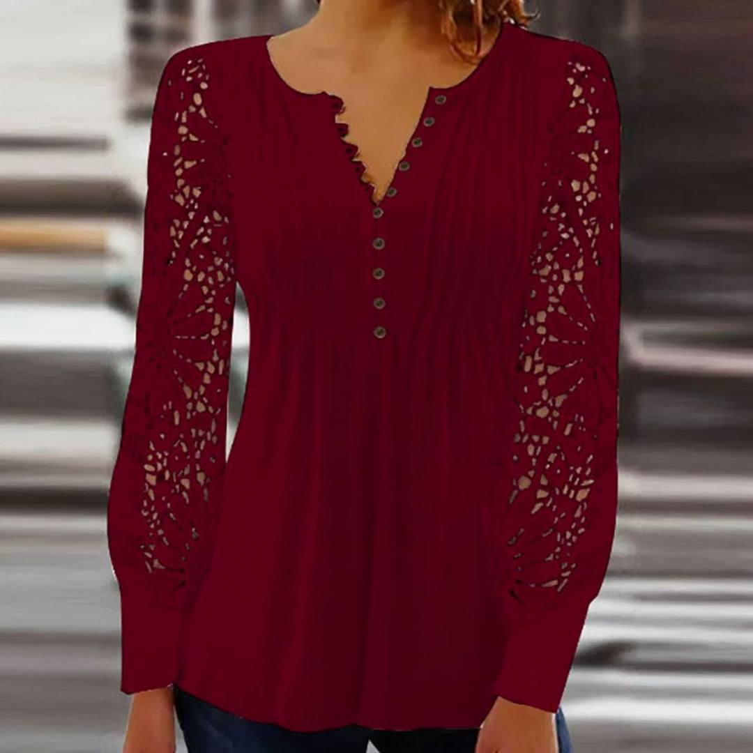 Women's Lace Sleeve V-Neck Pleated Button Blouse - Red