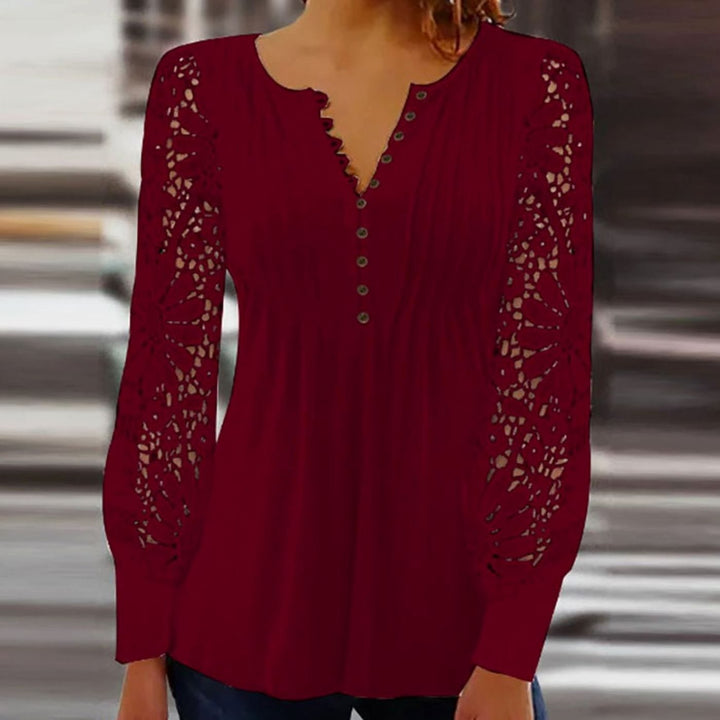 Women's Lace Sleeve V-Neck Pleated Button Blouse - Red