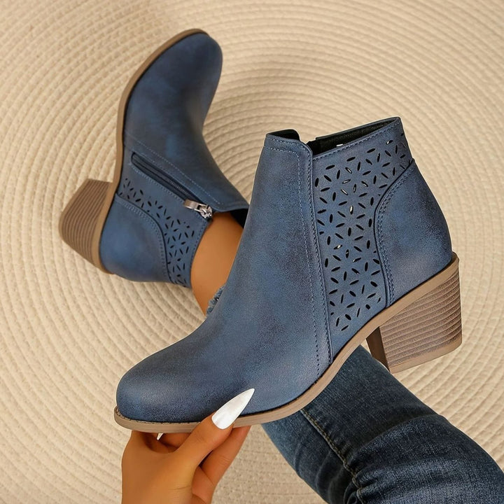 Women's Laser-Cut Breathable Orthopedic Block-Heel Ankle Boots - Blue